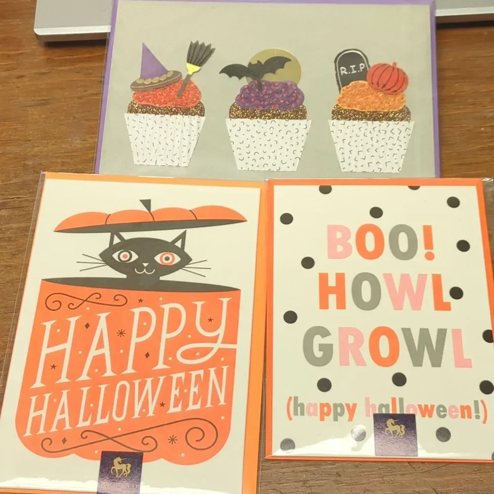 🎃Lot 3 Halloween Unique QUALITY Greeting Cards Pumpkins, cats, bat cupcakes🕷️